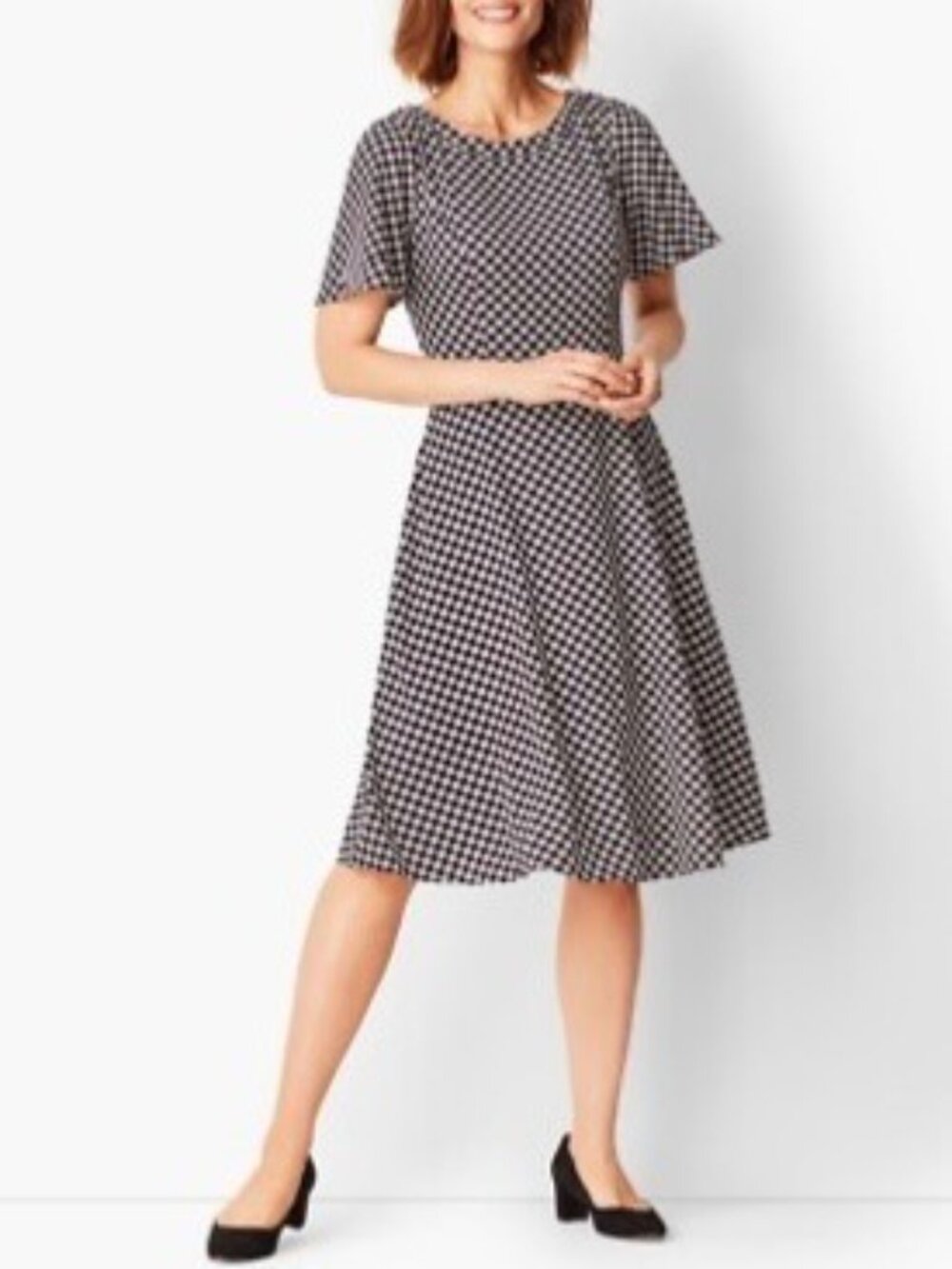 Talbots Dress Size 10 Black White Geo Print Knee Length Fit Flare Preppy Retro